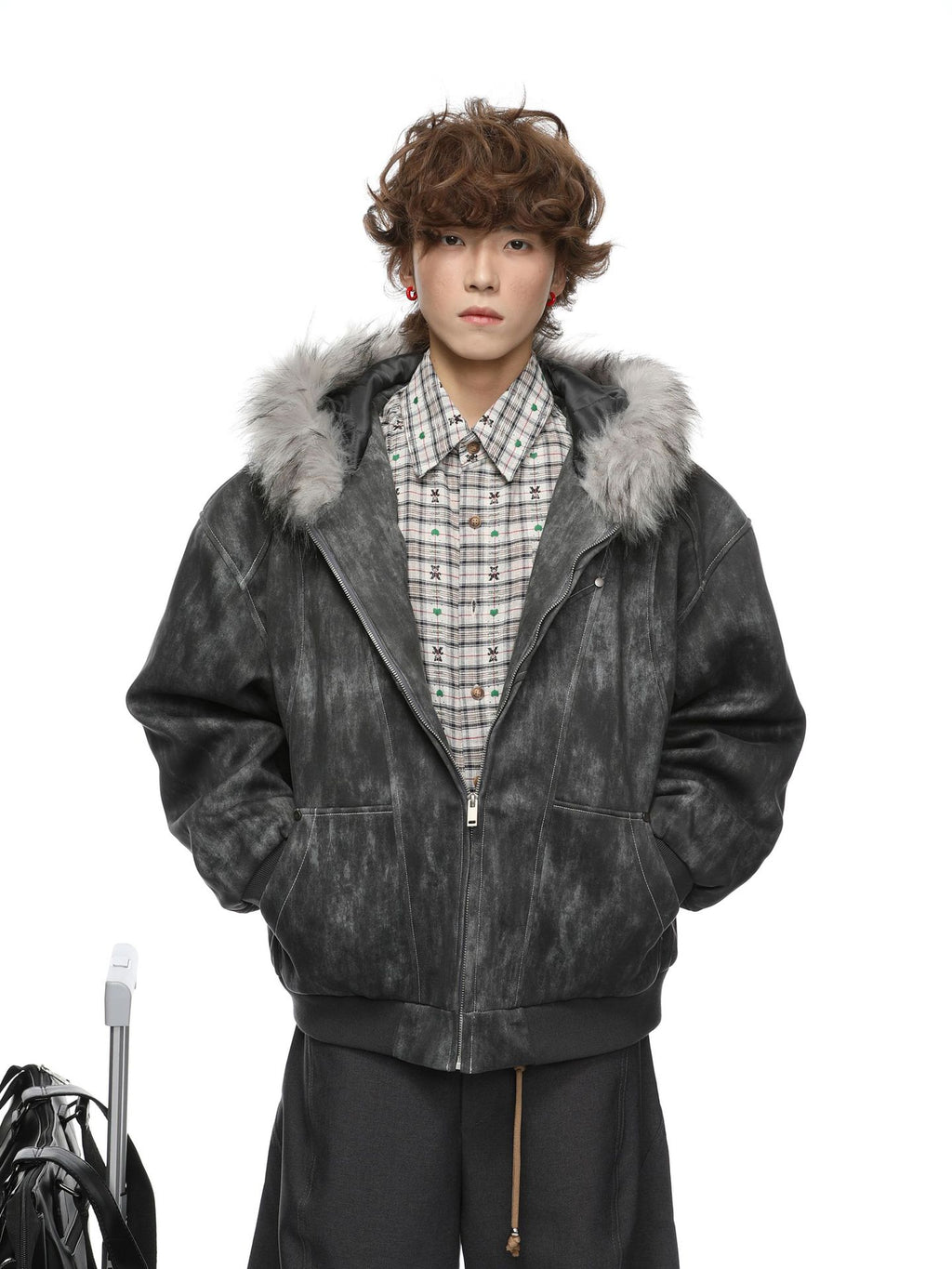 Faux-Fur Hooded Distressed Bomber