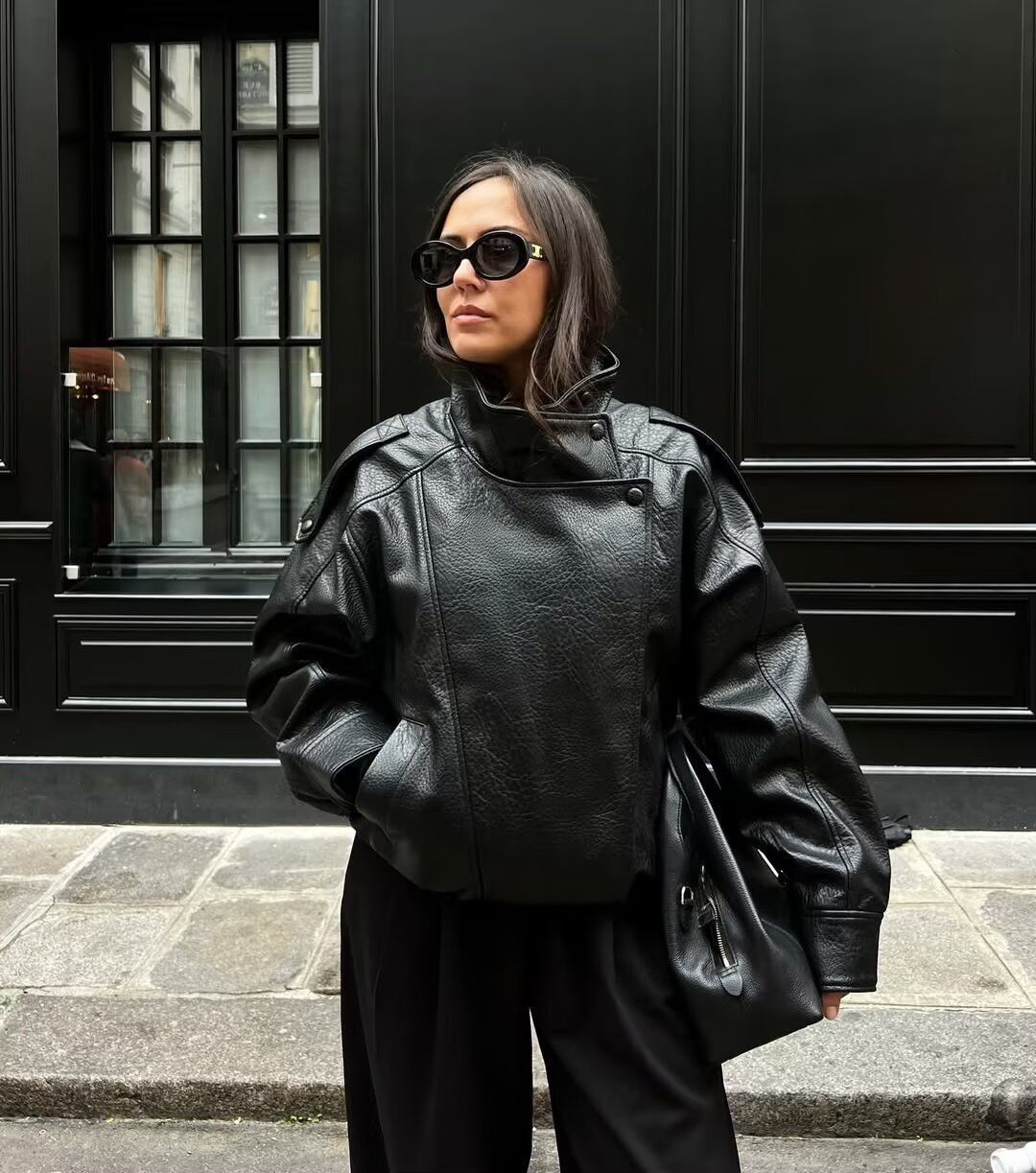 Oversized Faux Leather Bomber Jacket