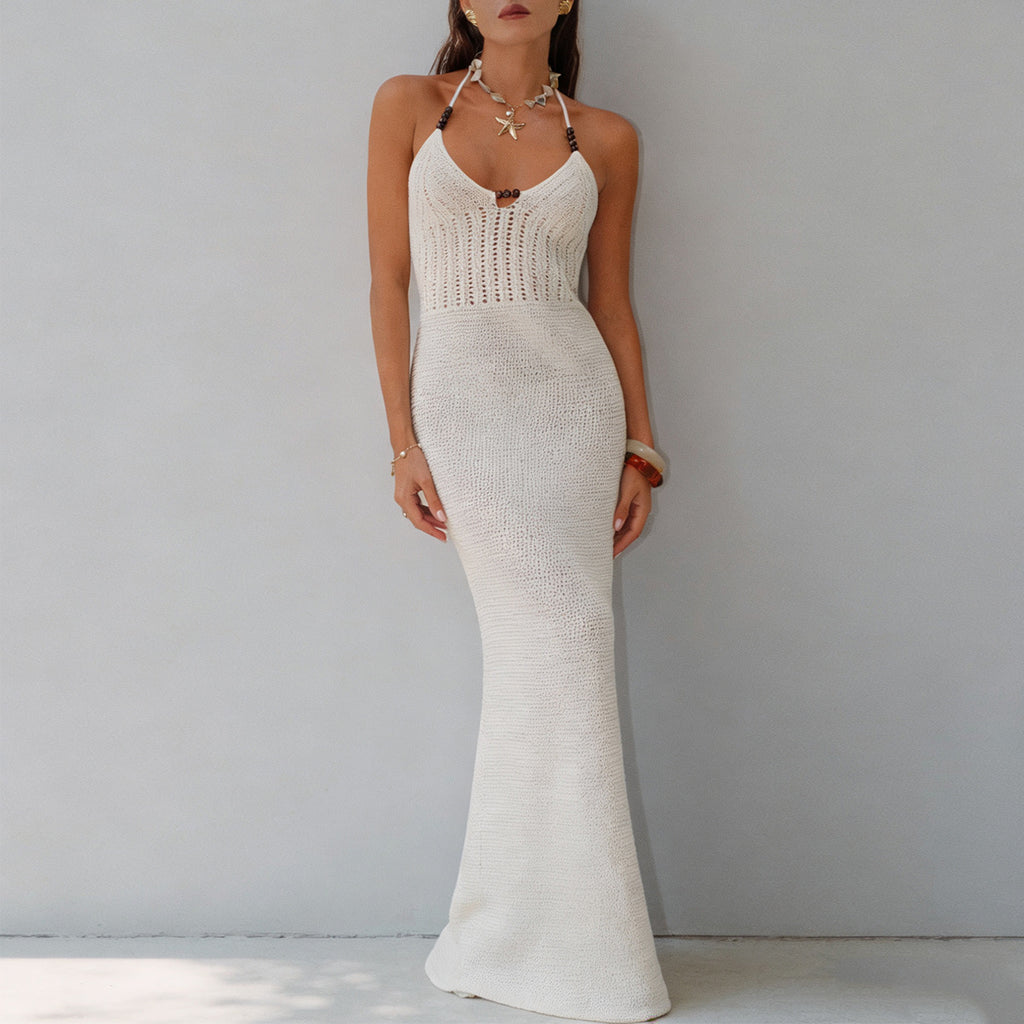 Beaded Halter Knit Maxi Dress