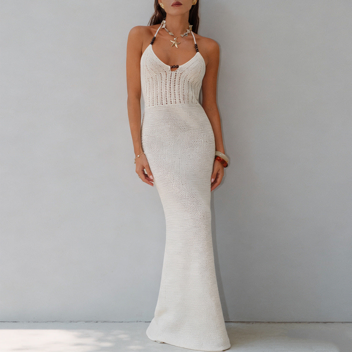 Beaded Halter Knit Maxi Dress
