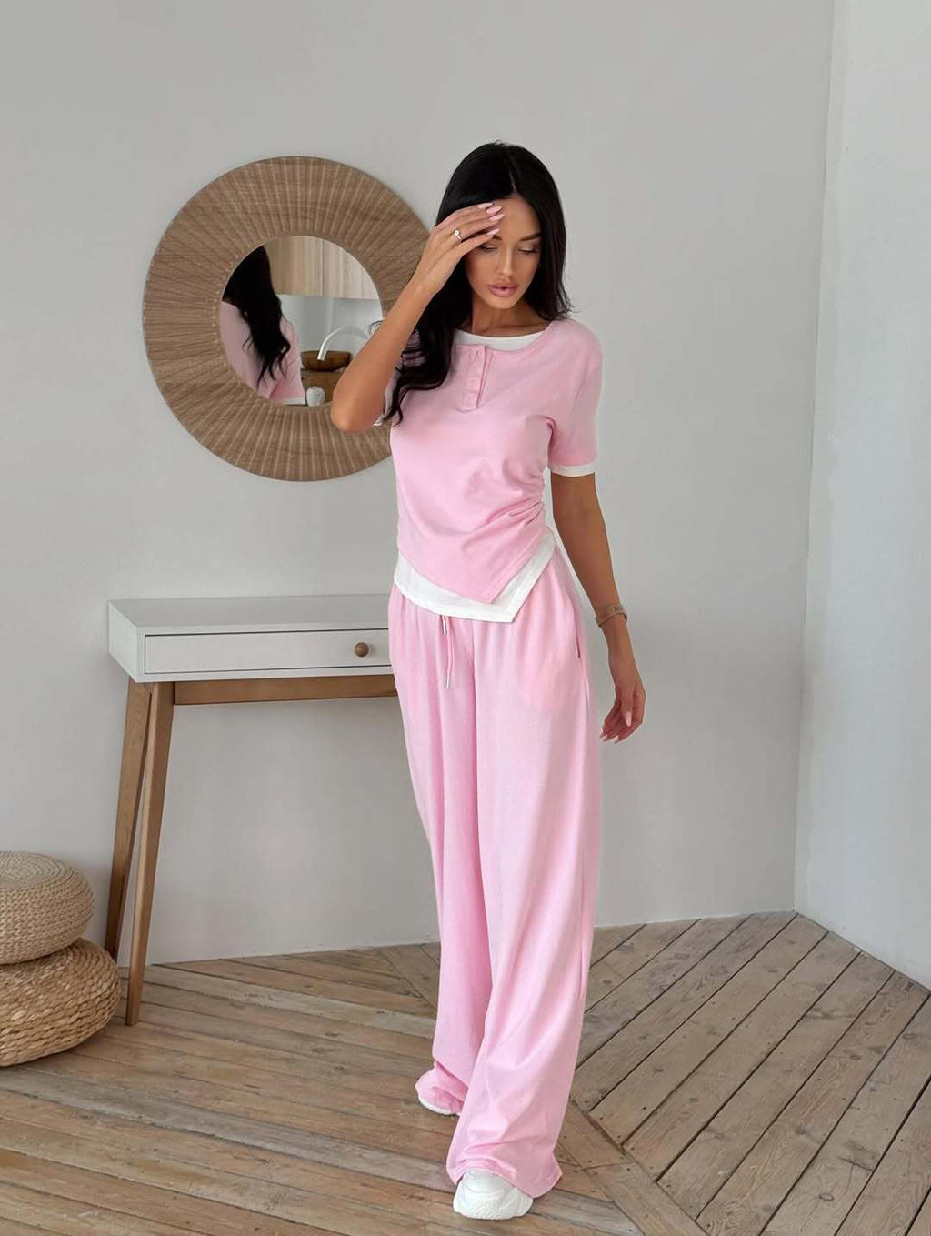 Layered Short Sleeve Top and Wide Leg Trousers Set