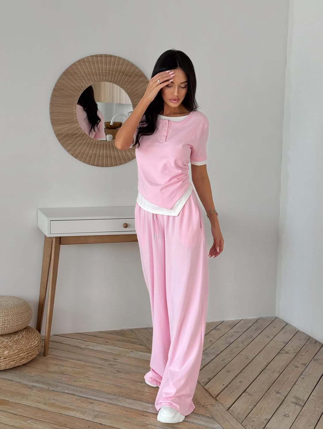 Layered Short Sleeve Top and Wide Leg Trousers Set