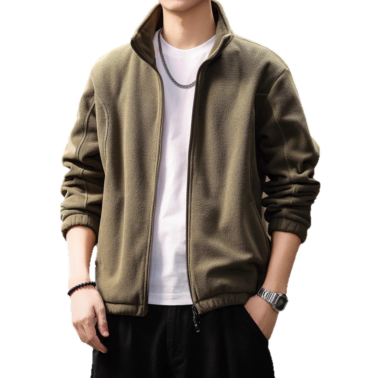 Textured Stand-Collar Zip Jacket