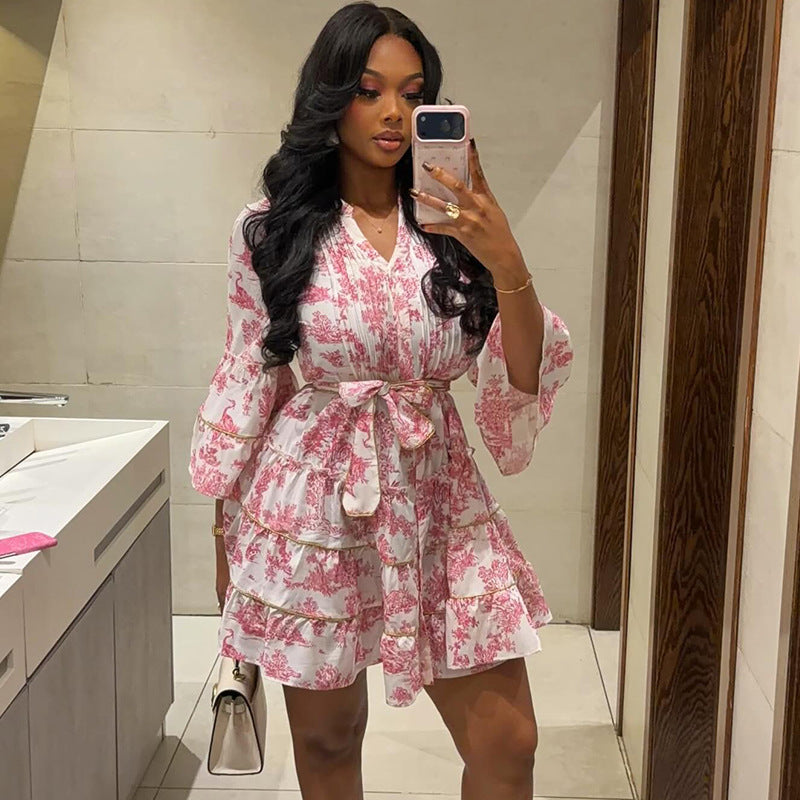 Printed V-Neck Flare-Sleeve Dress