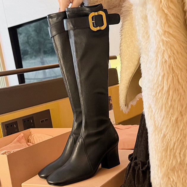 Gold-Button Block-Heel Boots