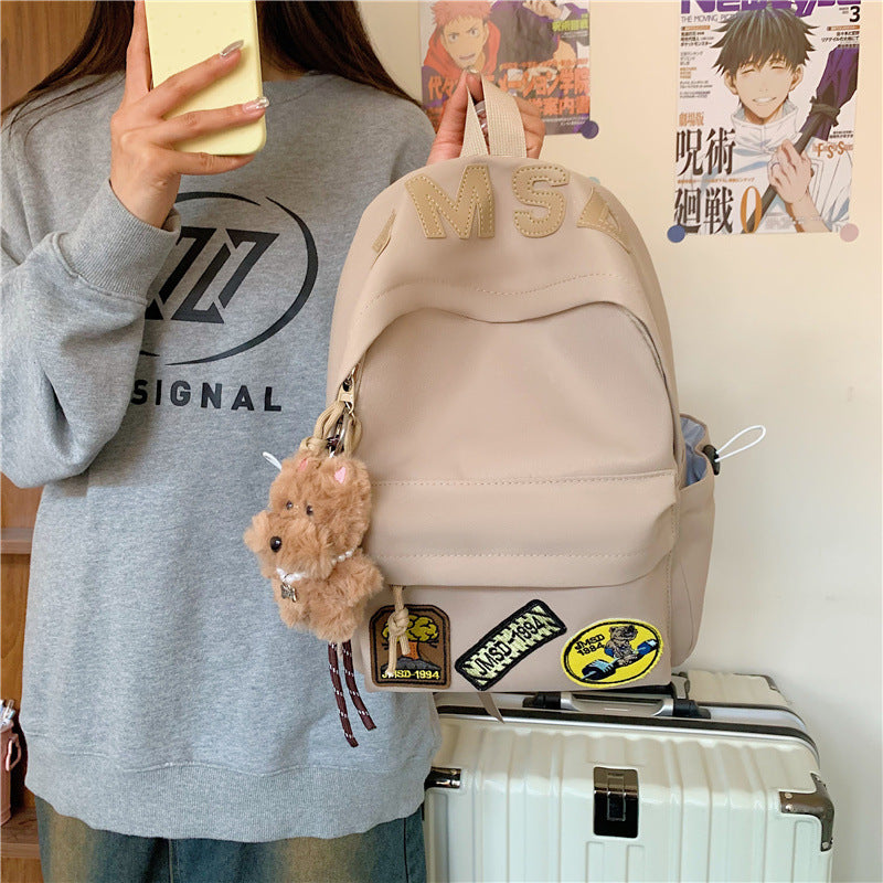 Letter Print Patchwork Backpack With Plush Charm