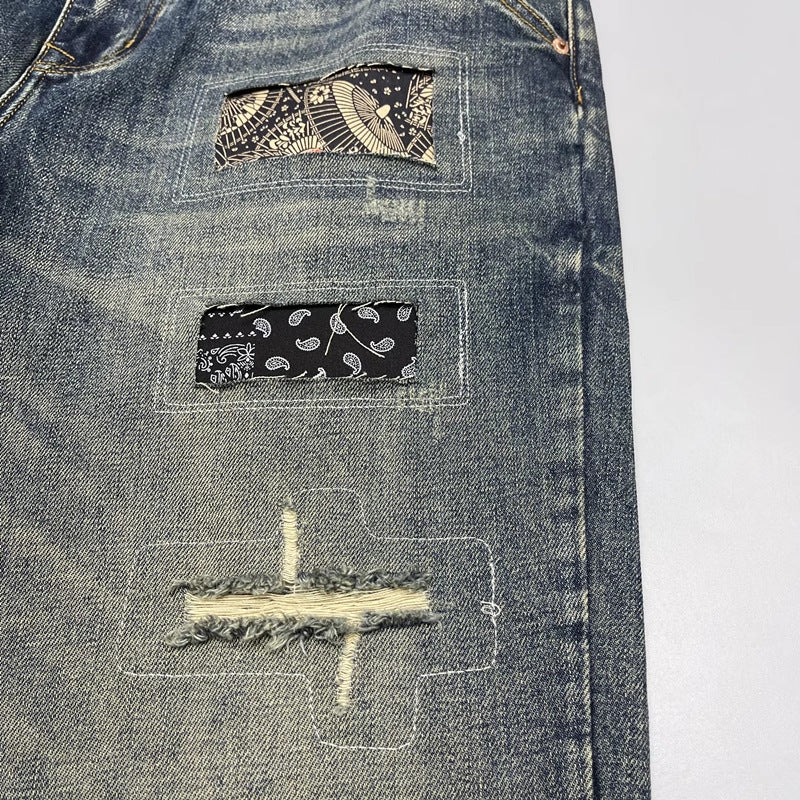 Vintage Patchwork Straight-Leg Jeans