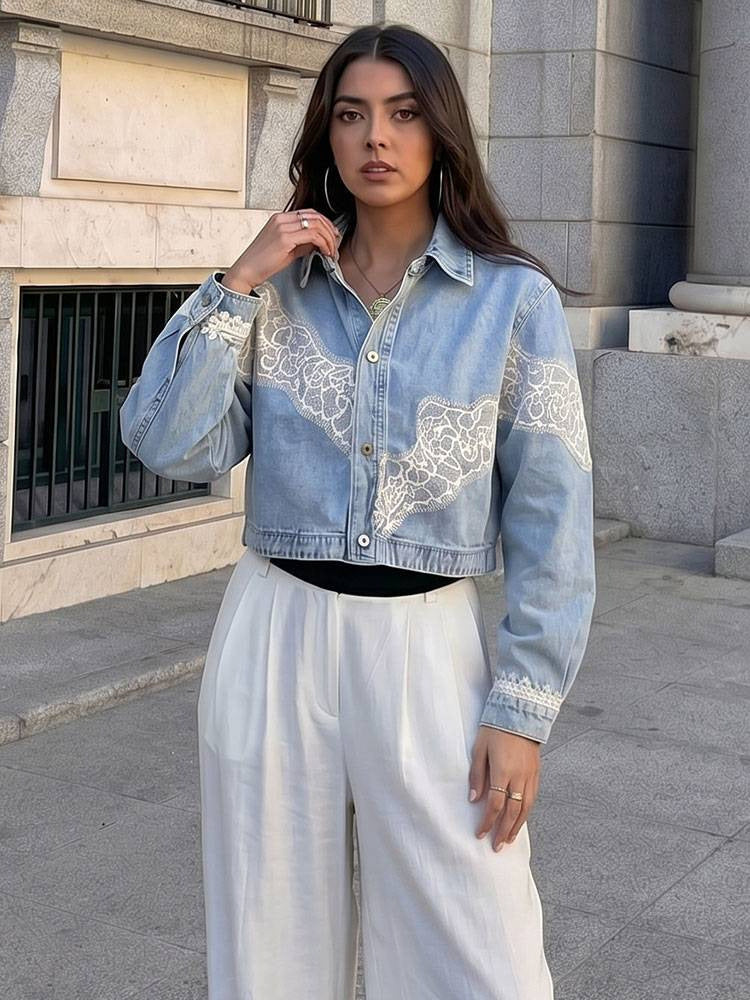 Women's Lace-Panel Cropped Denim Jacket