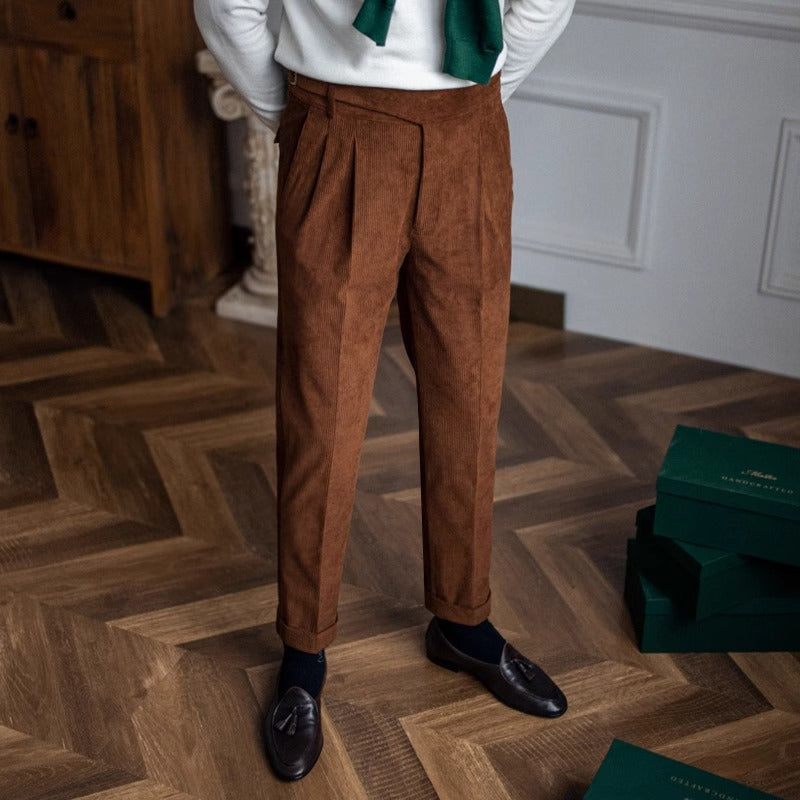 High-Waist Neapolitan Pleated Corduroy Trousers