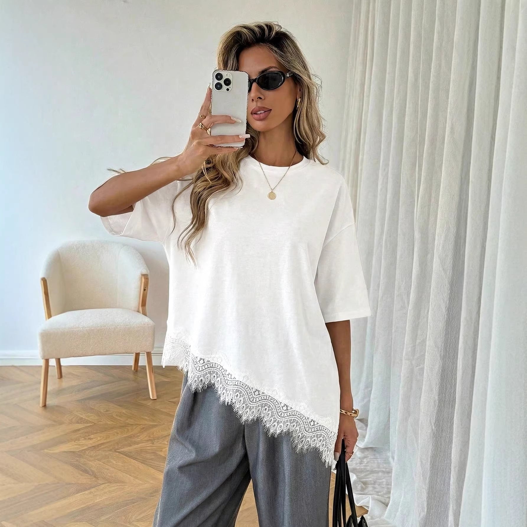 Premium Asymmetric Lace Hem Tee