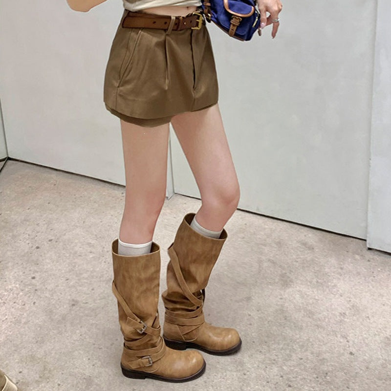 Distressed Buckle Riding Boots