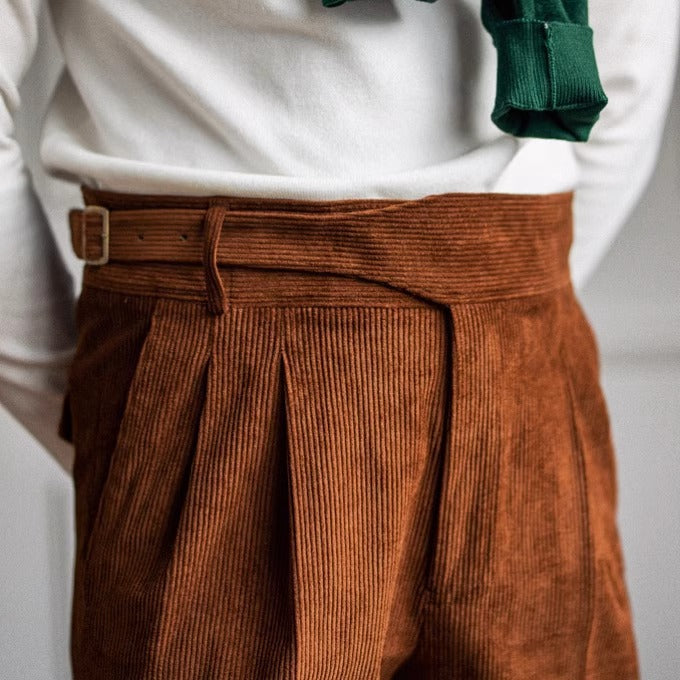 High-Waist Neapolitan Pleated Corduroy Trousers