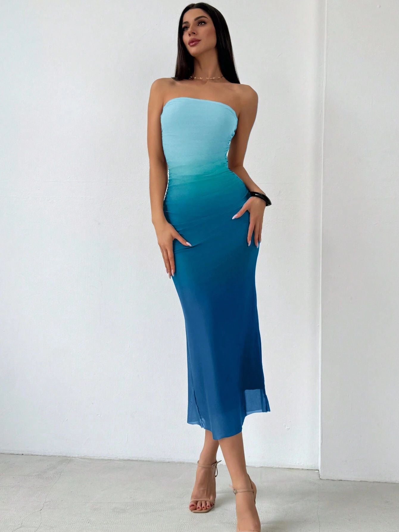 Sleek Strapless Mesh Ruched Maxi Dress.
