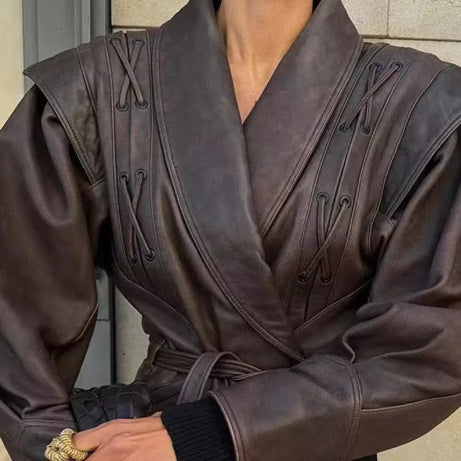 Faux Leather Lace Up Blazer Jacket