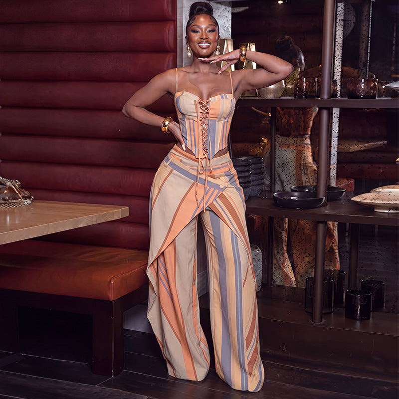 Striped Lace-Up Cami & Wide-Leg Pants Set