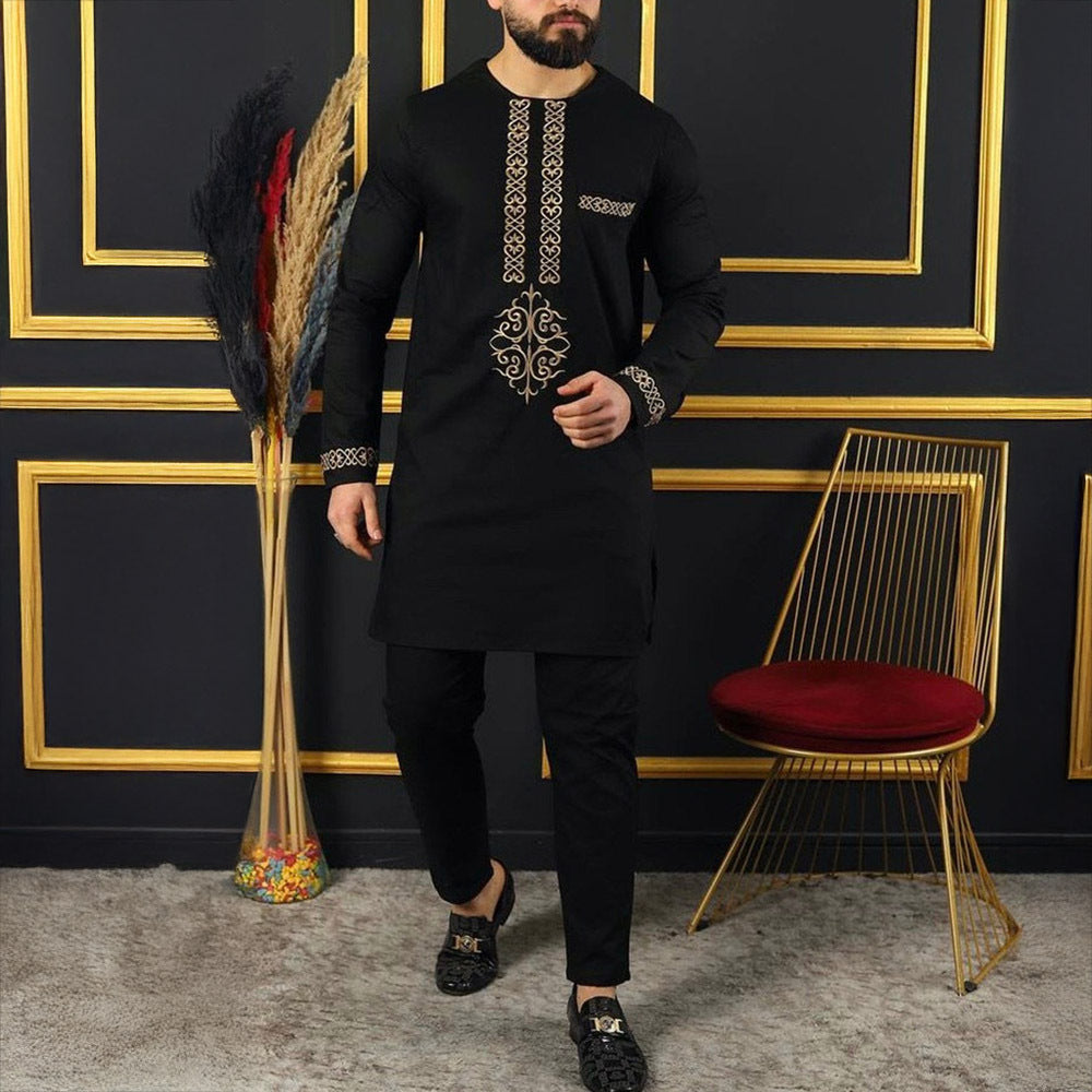 Traditional Muslim African Style Men Wedding New Suit 2 Piece Set Round Neck Long Sleeve Top Plus Pants Foreign Trade