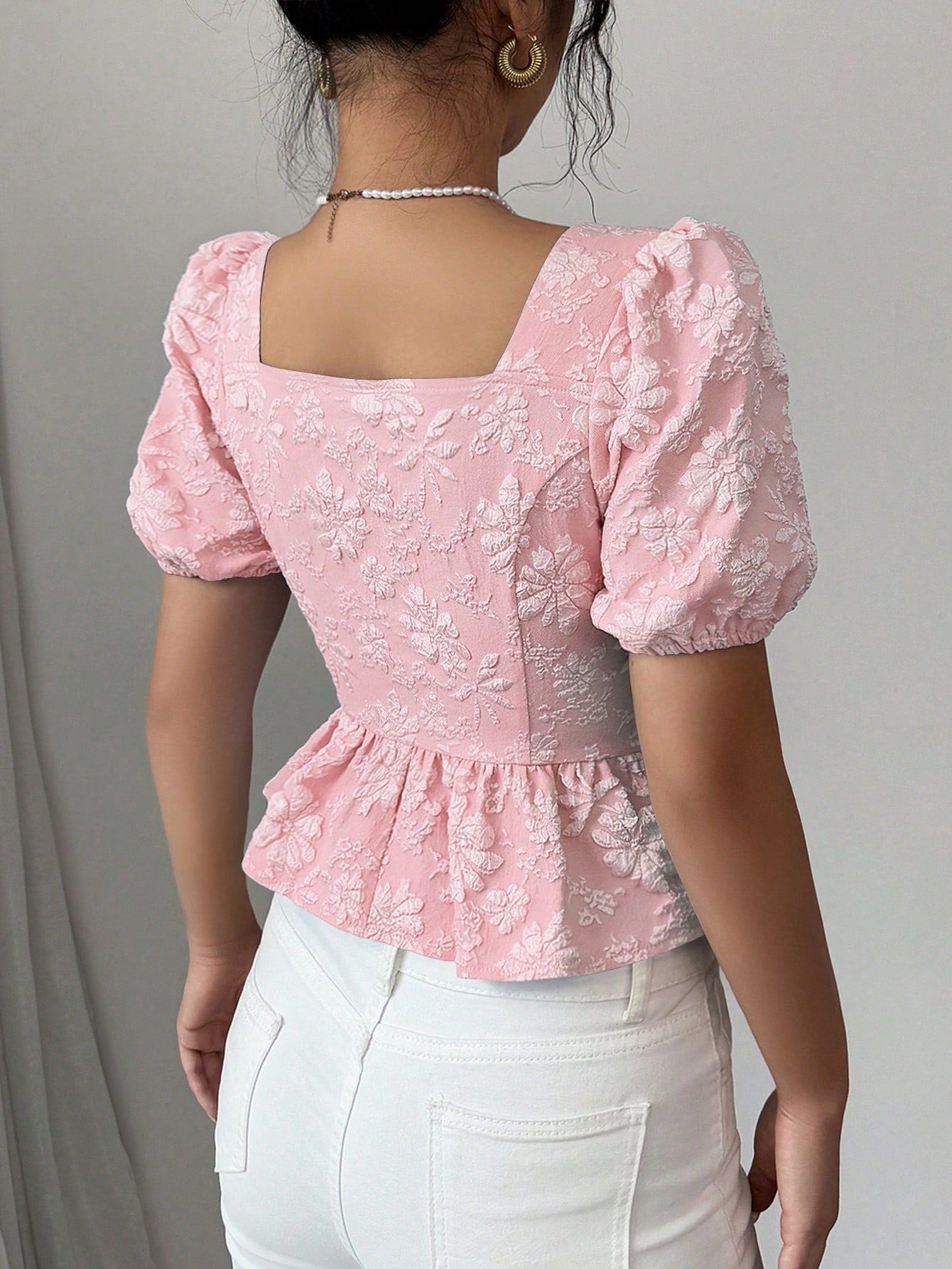 Floral Jacquard Puff Sleeve Peplum Top