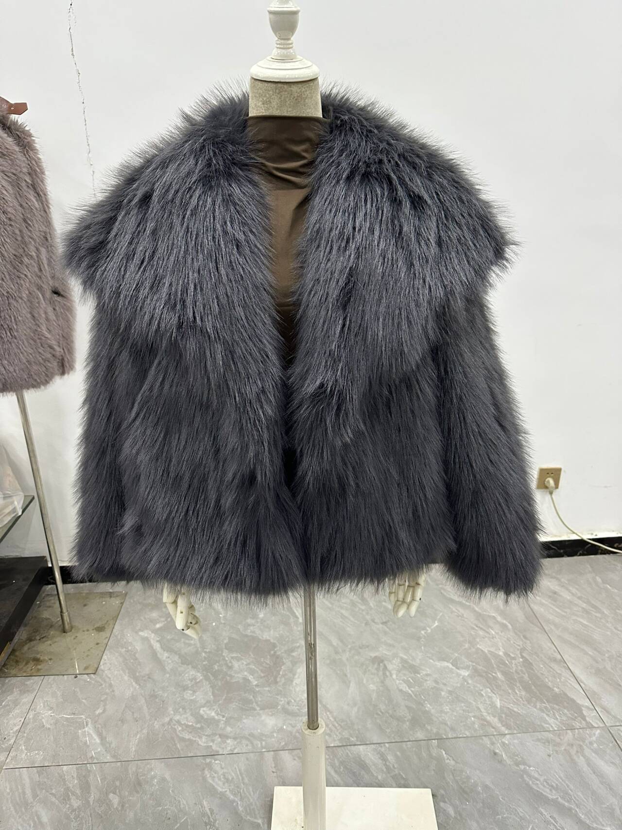 Faux Fur Coat with Wide Collar