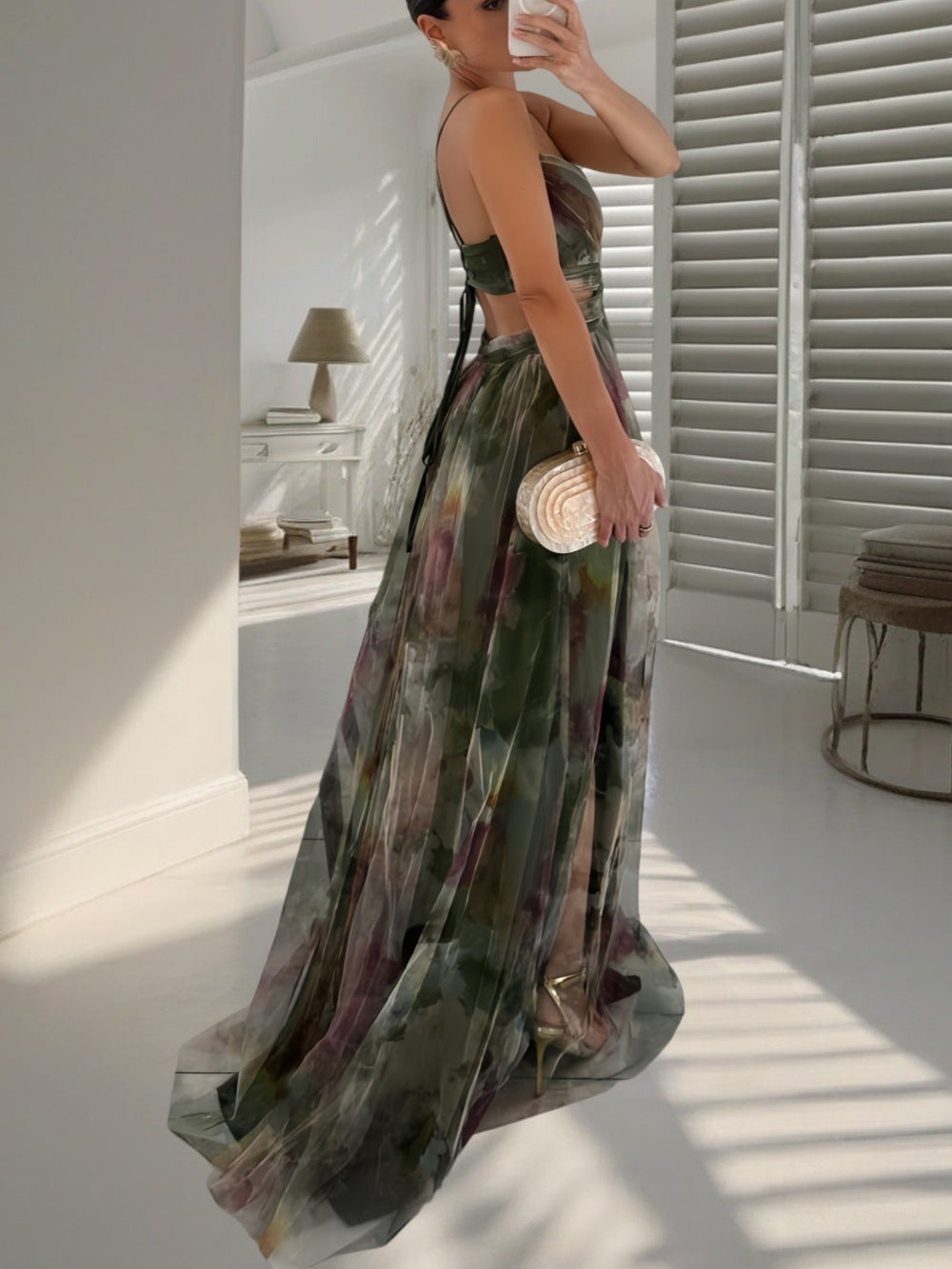 Printed Mesh Maxi Dress