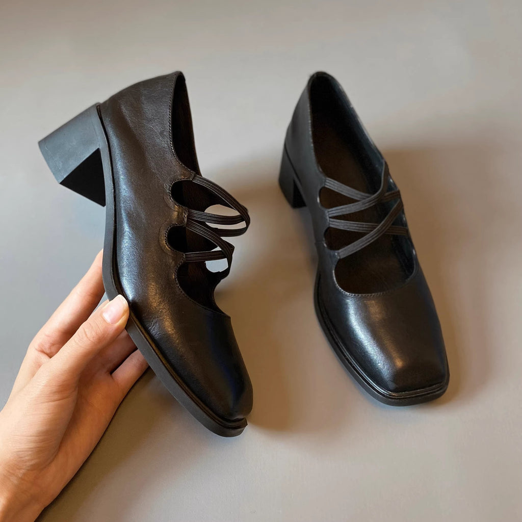 Square-Toe Leather Mary Jane Heels