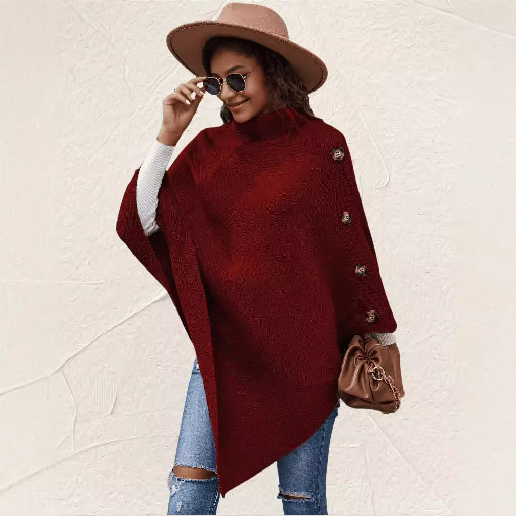 Turtleneck Button Knit Poncho