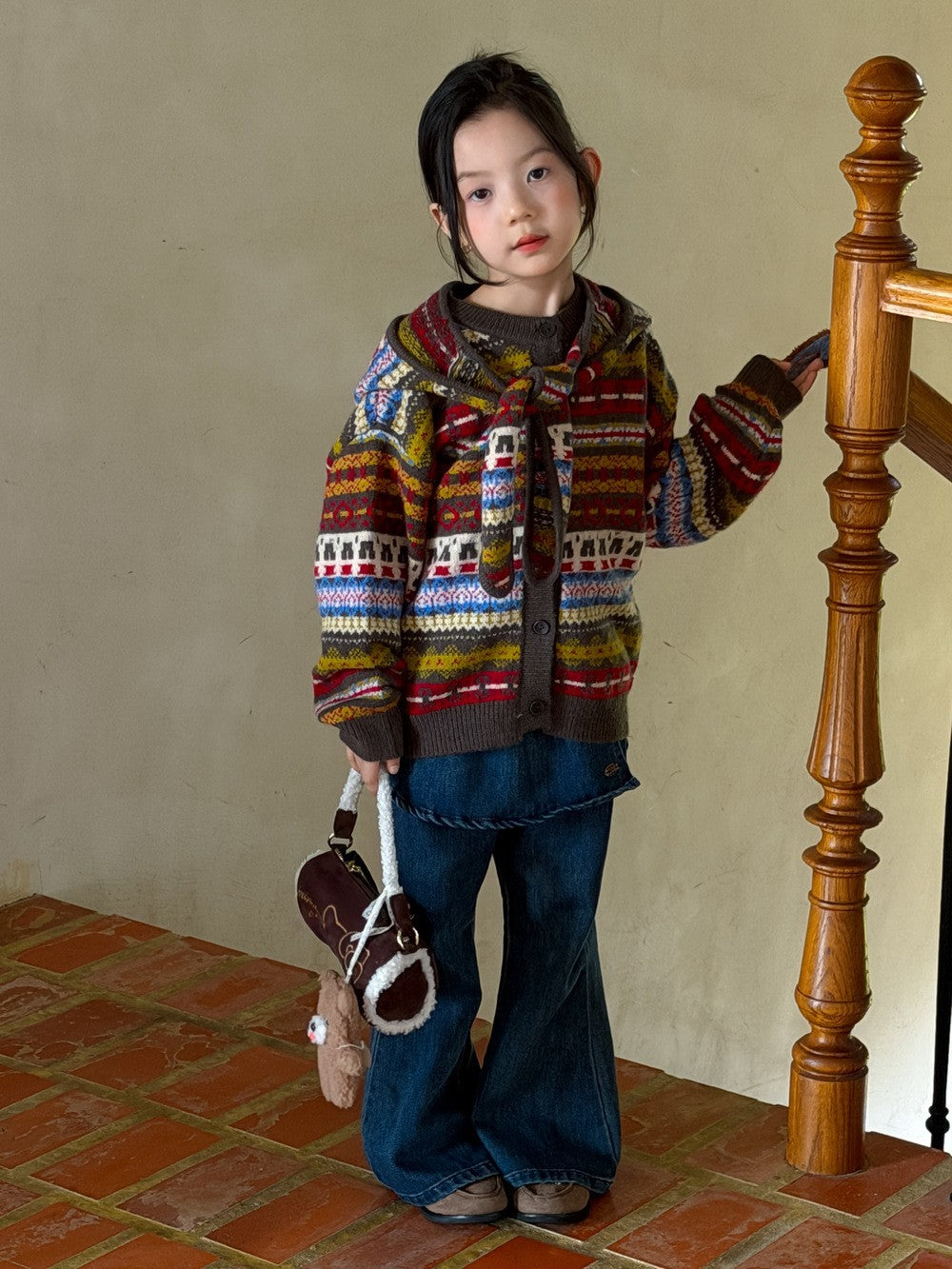 Girls' Fair-Isle Knit Cardigan with Detachable Hood