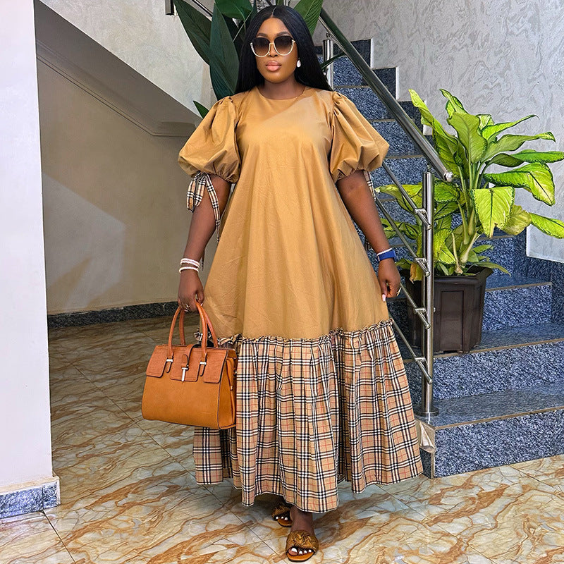 Puff-Sleeve Plaid Patchwork Dress