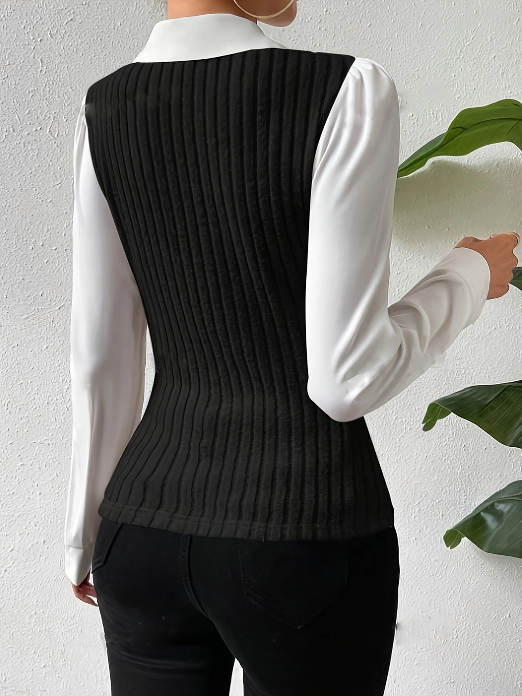 Ribbed Knit Patchwork Shirt Blouse