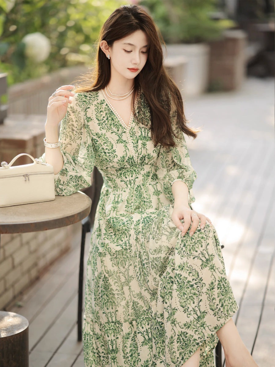 Green Floral V-Neck Maxi Dress