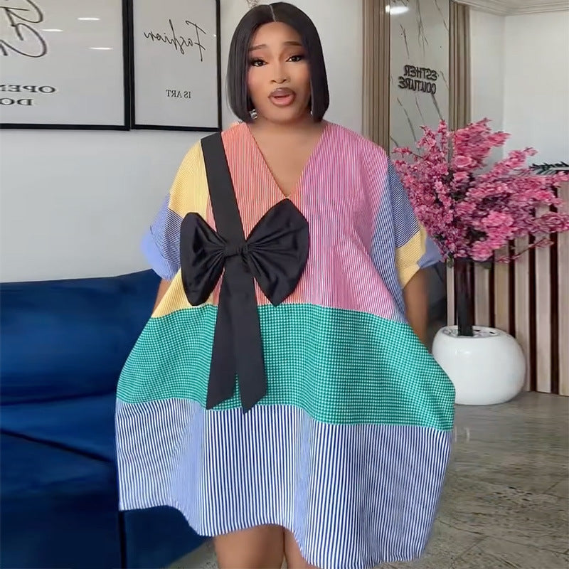 V-Neck Striped Patchwork Bow Dress