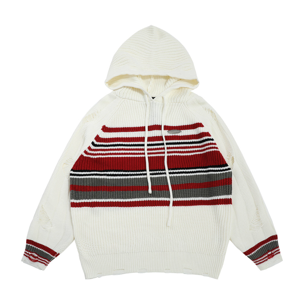 Distressed Striped Knit HoodieDistressed Striped Knit Hoodie