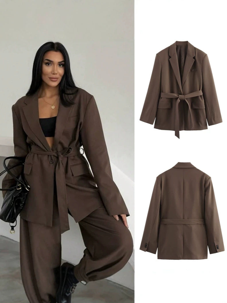 Women's Brown Belted Tailored Blazer