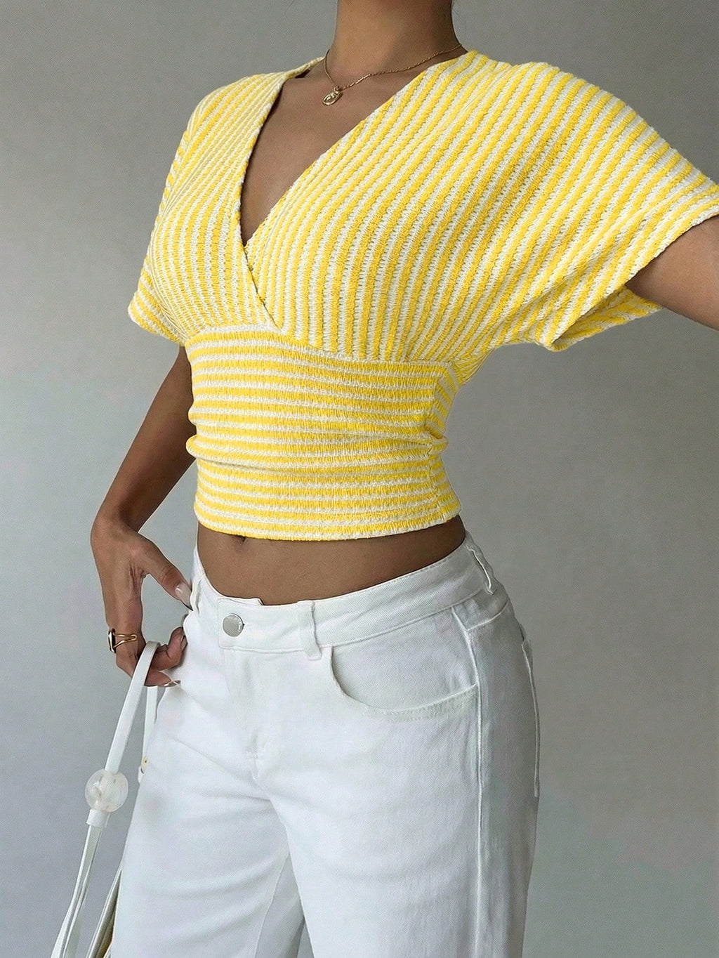 Striped V Neck Batwing Sleeve Wrap Top
