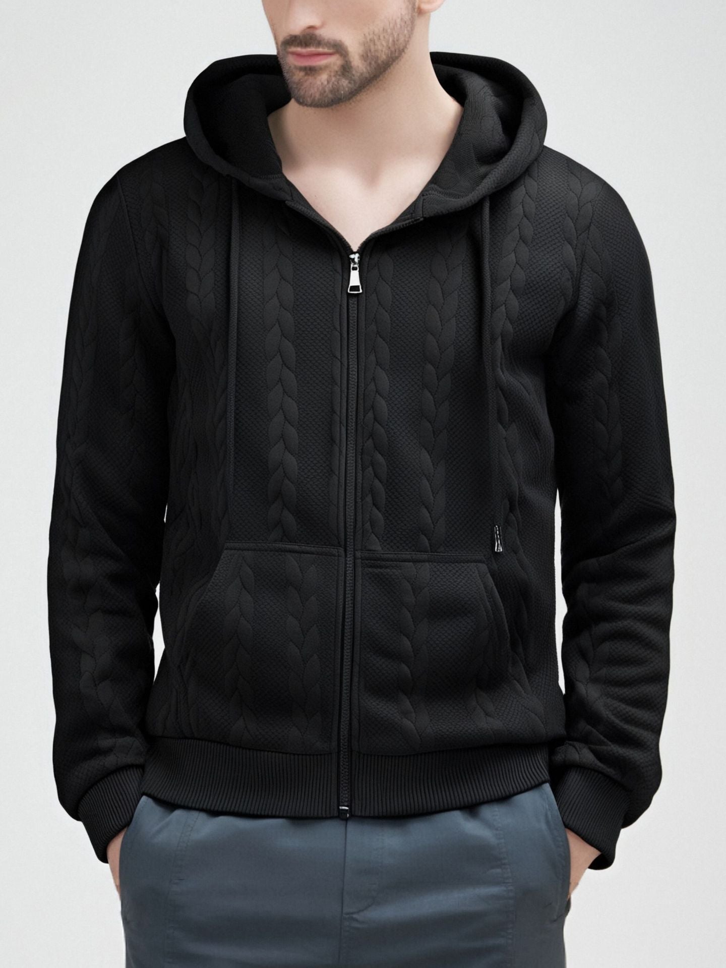 cable-knit full-zip hoodie.