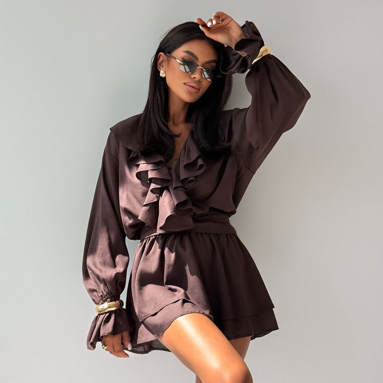 Elegant Ruffle V Neck Mini Dress