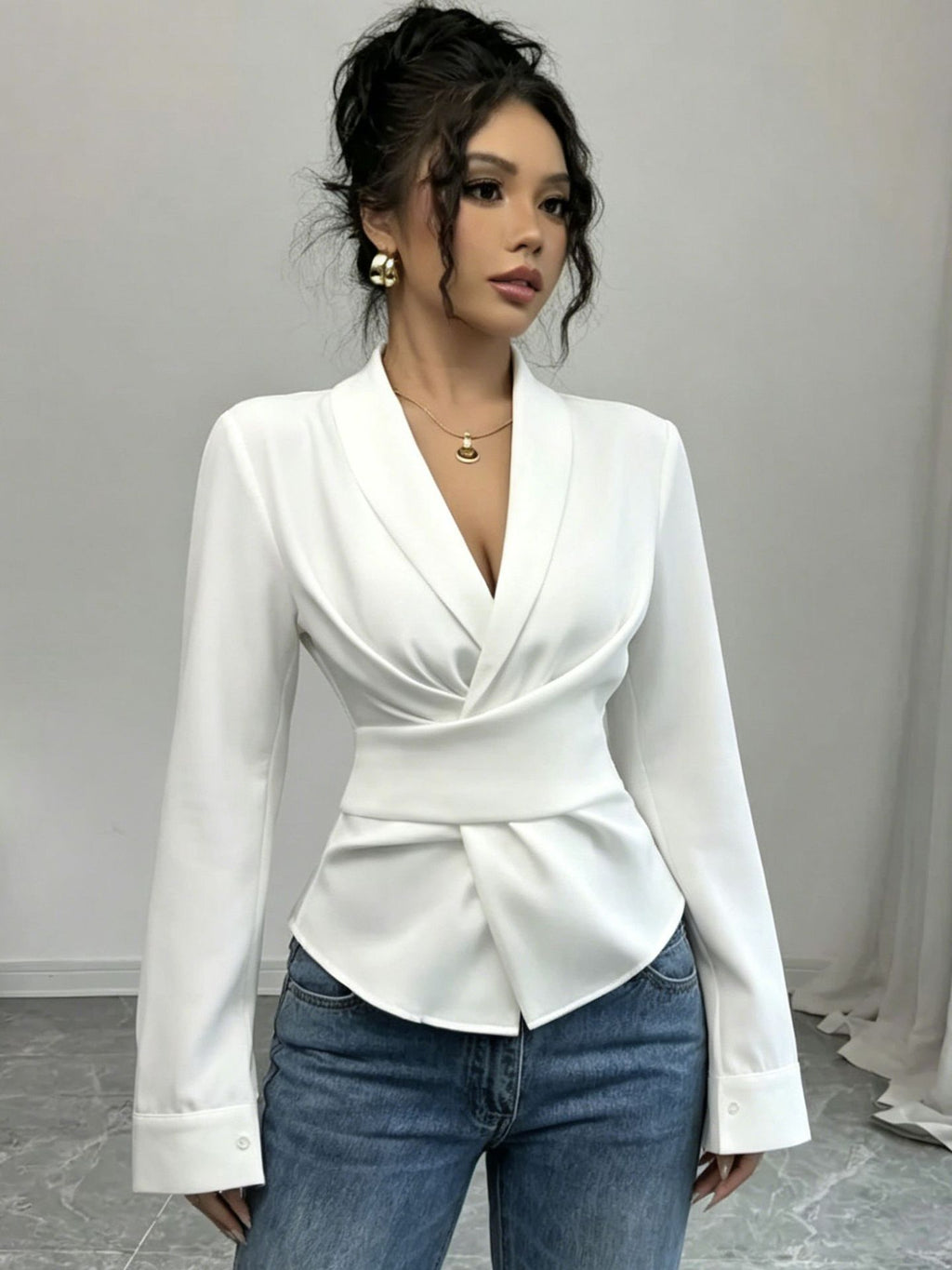 Cropped V-Neck Long-Sleeve Blouse