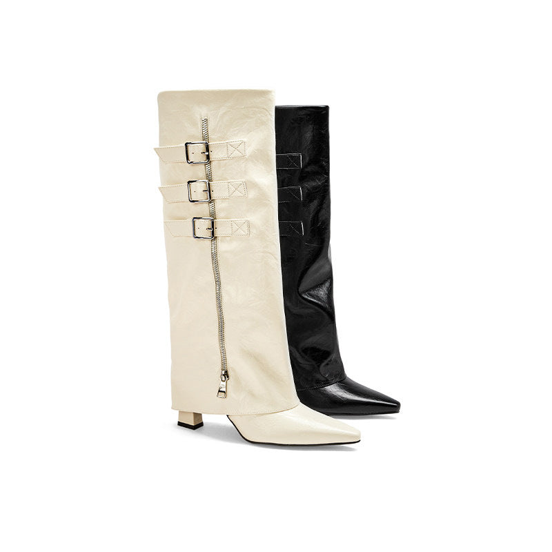 Pleated Pointed Toe Knee-High Boots