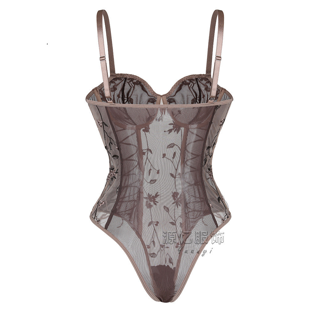 Floral Embroidered Lace Up Bodysuit