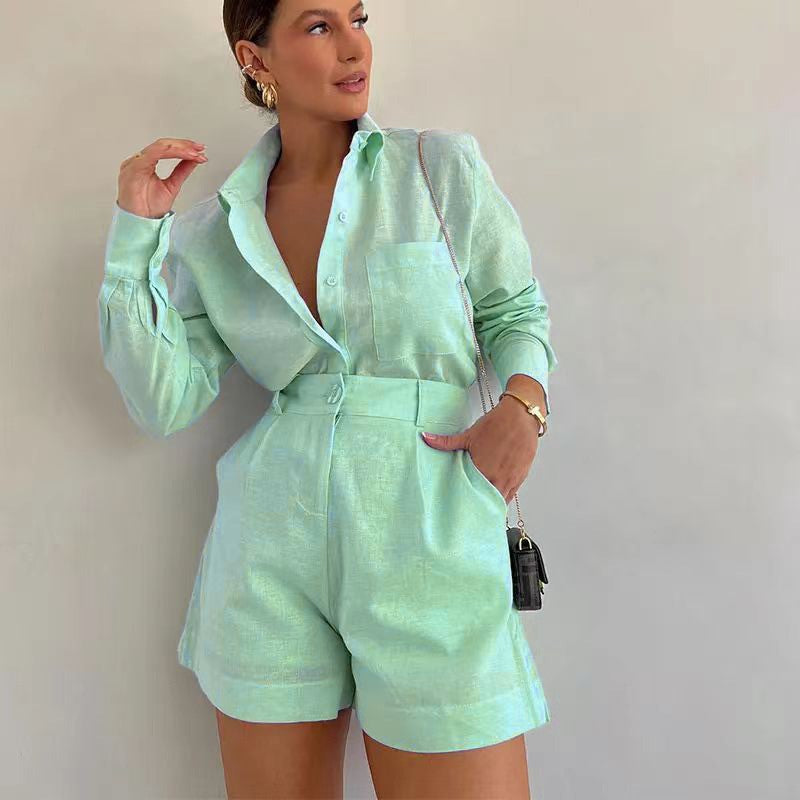 Chic Collared Shirt and High Waist Shorts Matching Set