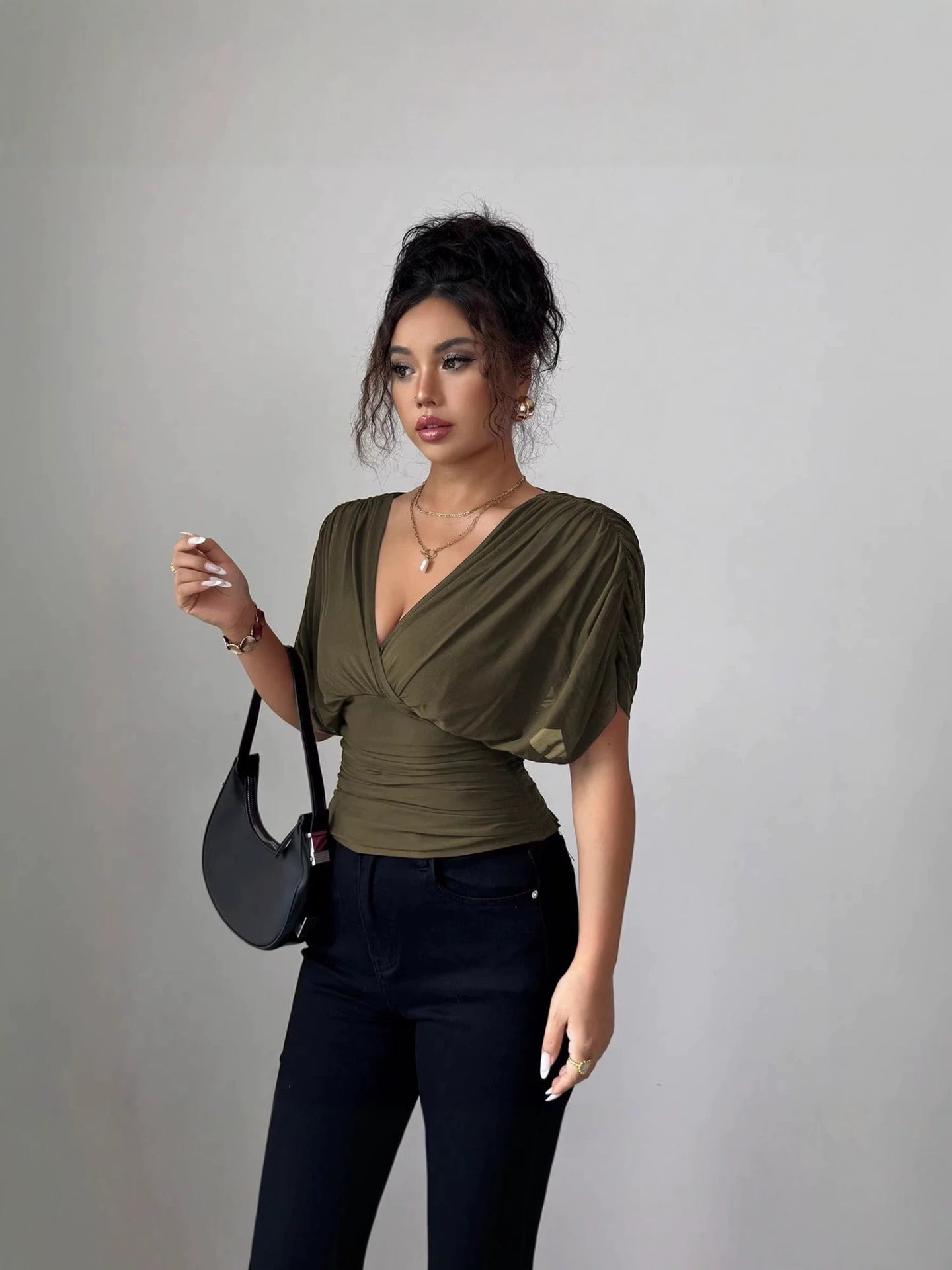 Elegant Ruched V Neck Drape Top