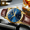 6898 Brown Leather Gold Case Blue Face Men's Watch (Chinese)