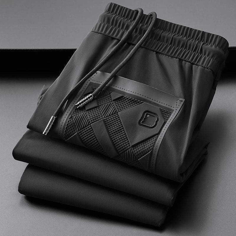 Fashionable European goods rubber pressed casual straight-leg pants Summer thin ice silk men's trendy versatile sports trousers