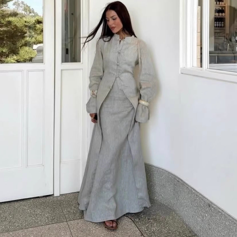 Elegant Traditional Frog Button Long Coat and Skirt Set
