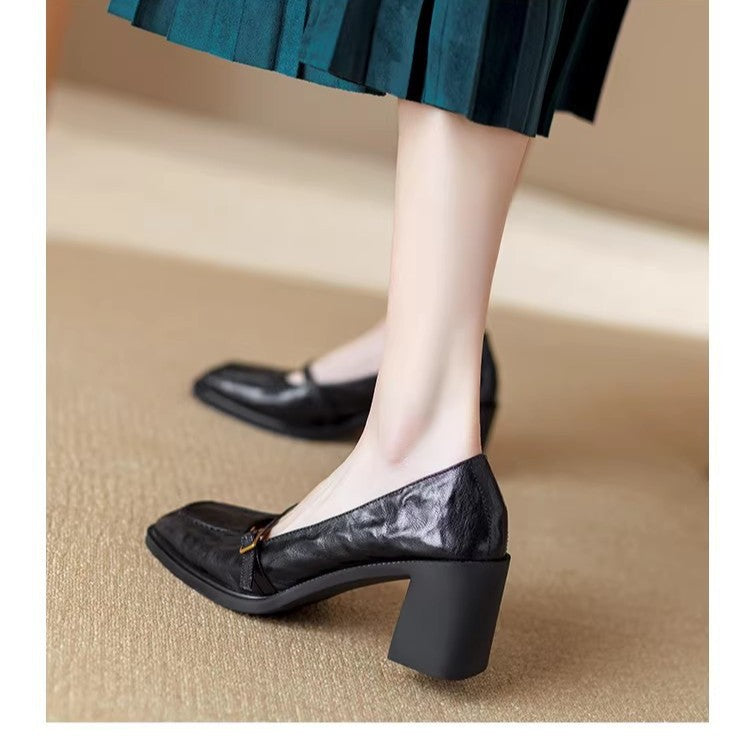 Square-Toe Leather Strap Heels