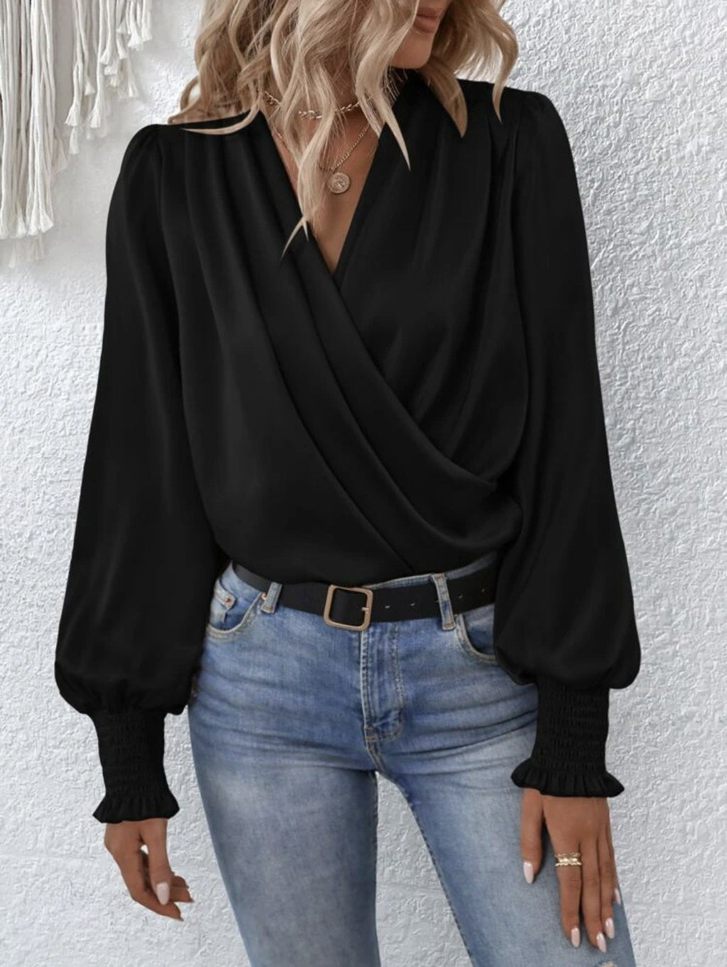 Balloon-Sleeve V-Neck Blouse