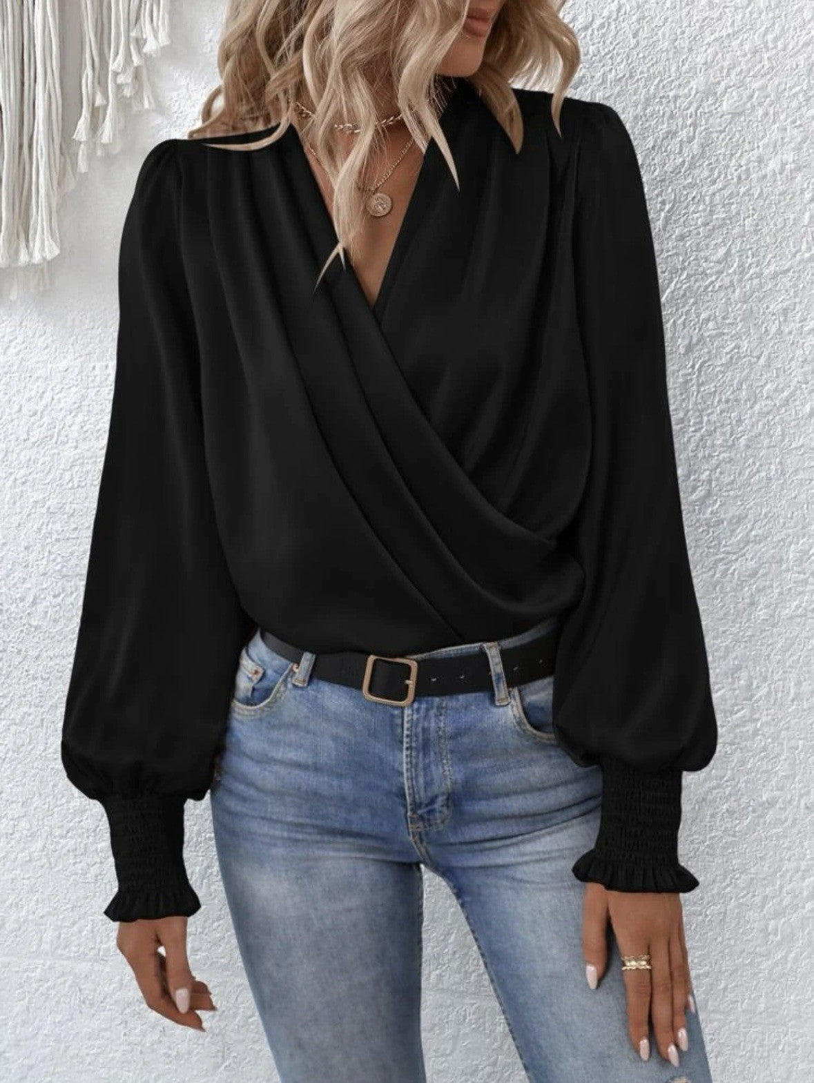 Balloon-Sleeve V-Neck Blouse