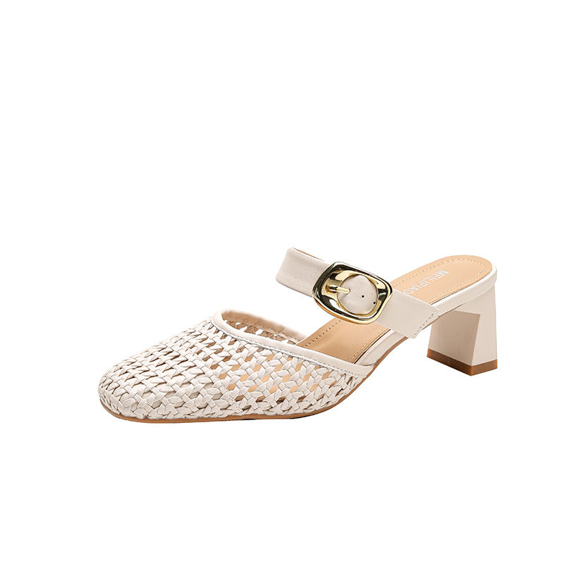 Woven Leather Block-Heel Sandals