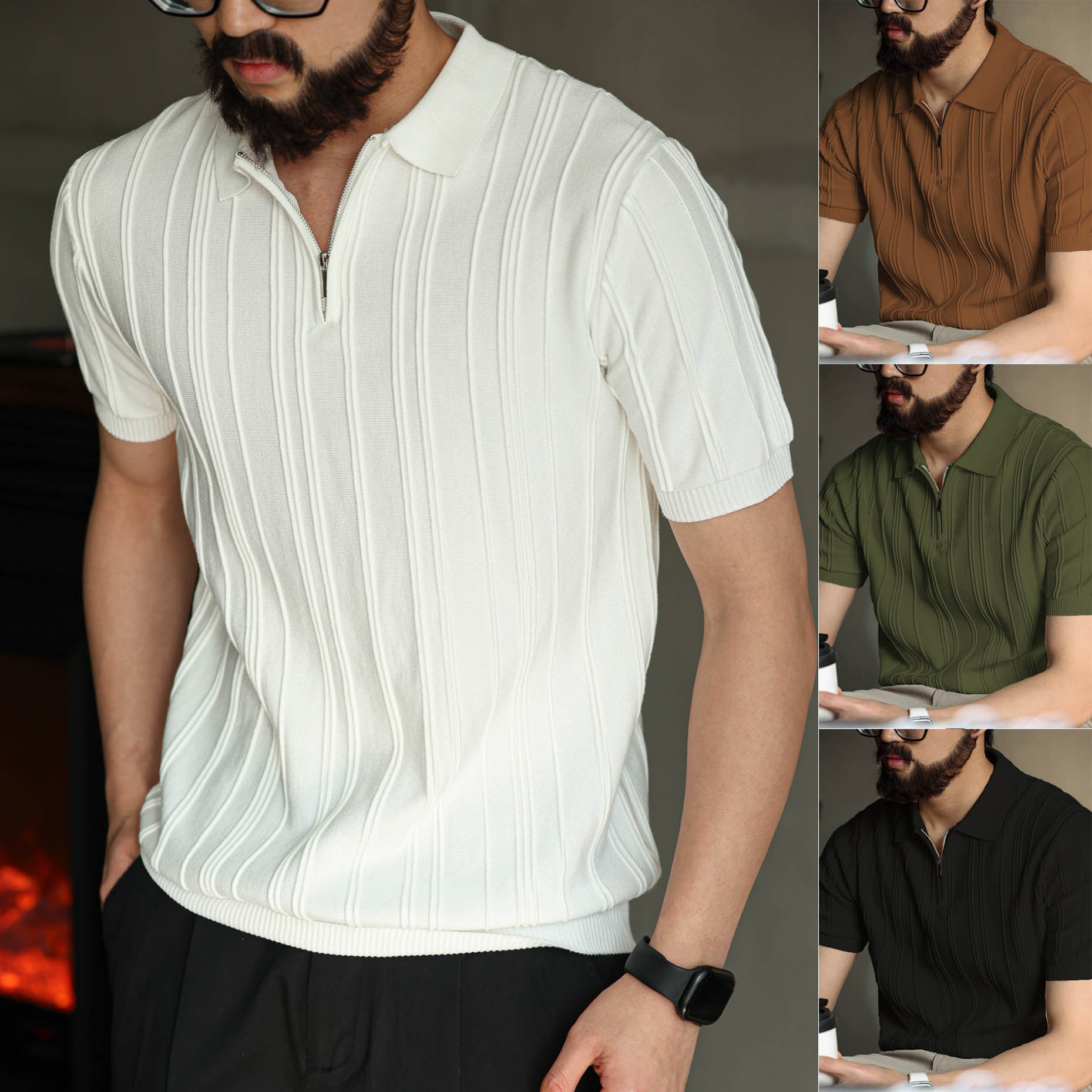 Ribbed Quarter Zip Knit Polo