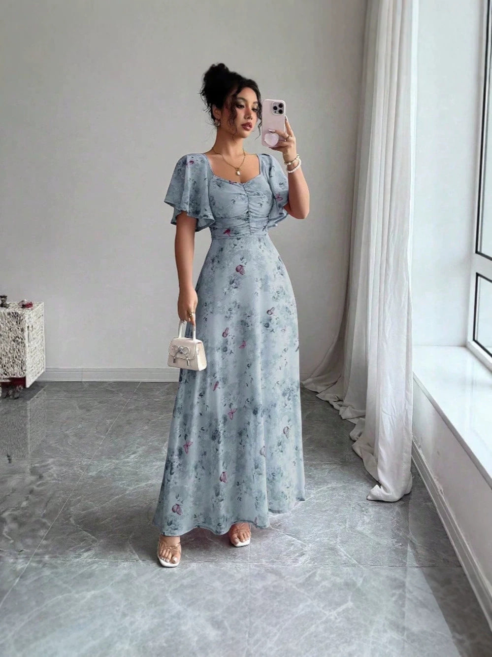 Floral Flutter-Sleeve Maxi Dress - Navy