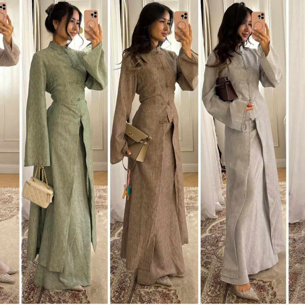 Elegant Traditional Frog Button Long Coat and Skirt Set